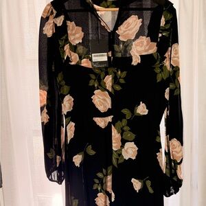 Reformation Black Long-Sleeve Dress with Blush Rose Print
